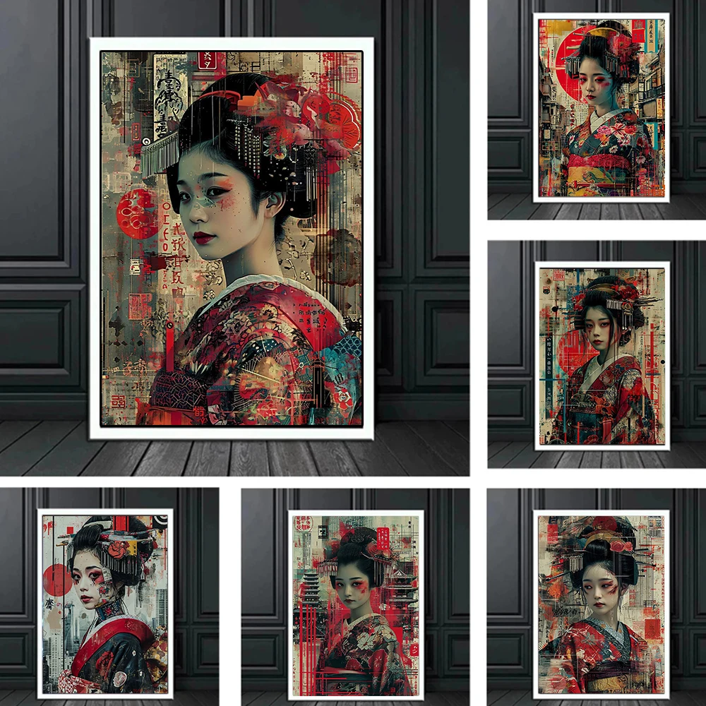 

Japanese Geisha Oiran Costume Canvas Painting Color Graffiti Retro Woman Portrait Poster Print Wall Art Living Room Home Decor