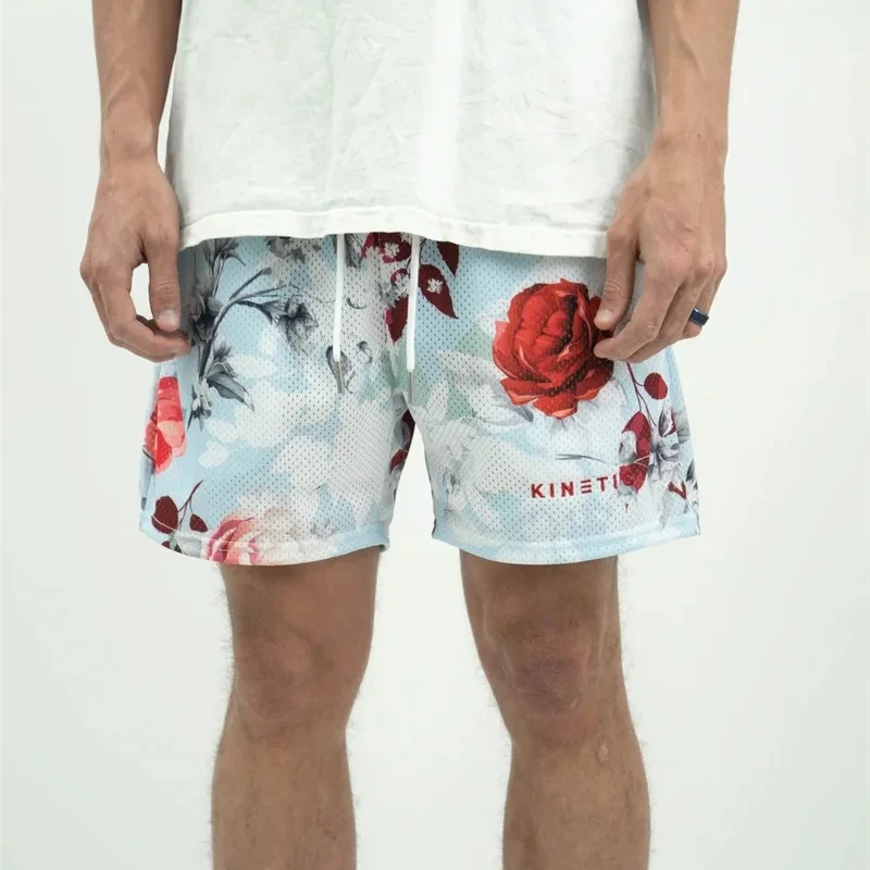 Summer New men short pant Rose Design Casual Shorts Street Hip Hop Fitness Polyester Fast Dry Breathable Embroidery Men Shorts