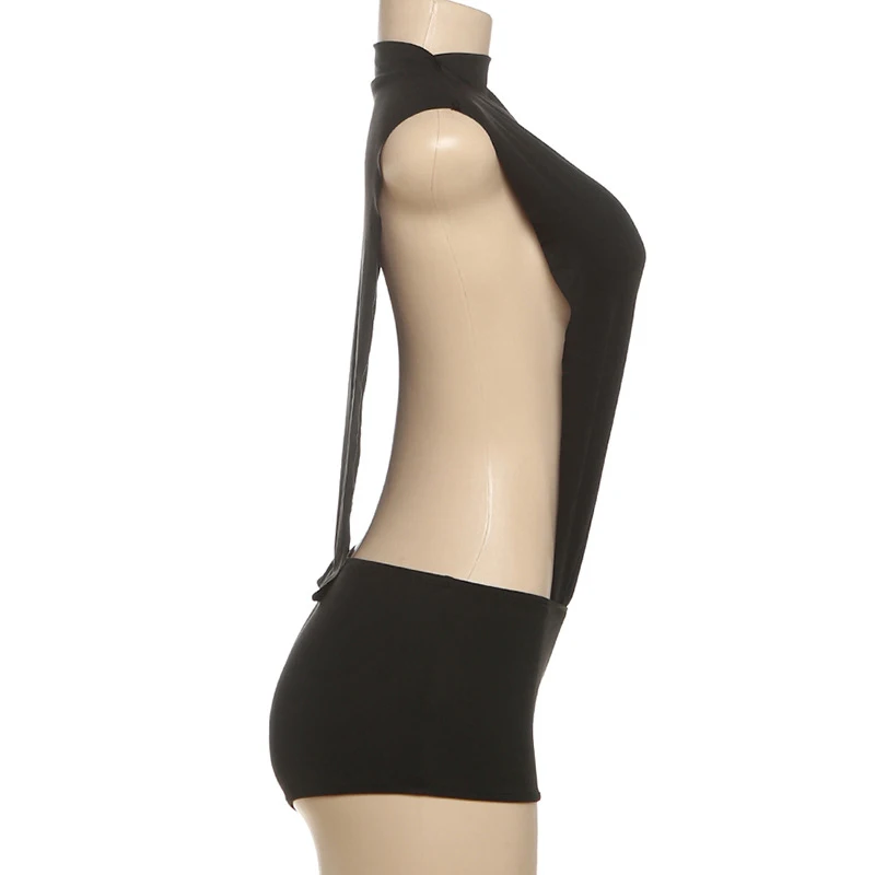 BKLD Schwarz Unregelmäßig Wild Sexy High Street Musik Festival Strampler 2025, ärmellos, O-Ausschnitt, schlankmachende Playsuits, Hottie Wear