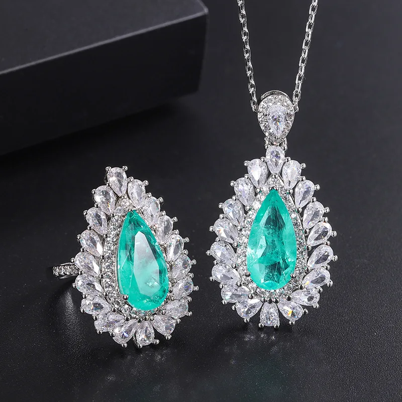 

European and American Retro Square Emerald Pendant Necklace Jewelry Ring Accessories Set