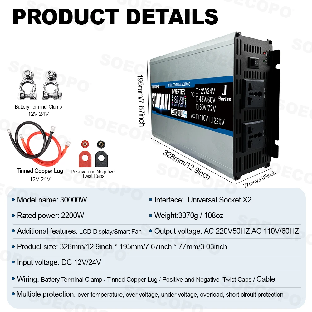 SOECOPO 30000 واط مجموعة النظام الشمسي 200 واط لوحة العاكس (2 مآخذ) مدخلات الجهد المزدوج 12 فولت/24 فولت إلى 110 فولت/220 فولت 100A تحكم التخييم