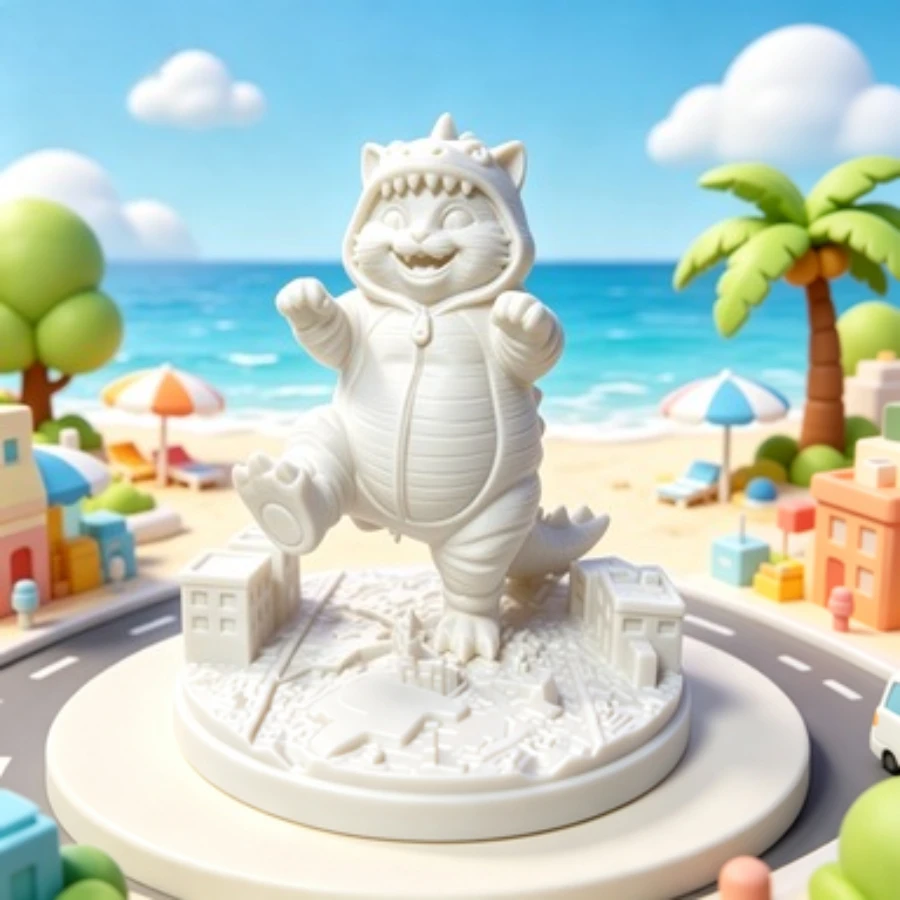 Cat Figurine Pink Monster Cat Destroying City Diorama Dinosaur Hoodie Cat Statue Funny 3D Printed Desk Decor Gifts City Diorama