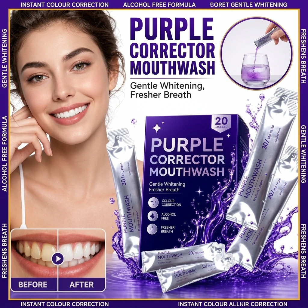 Purple Color Correcting Disposable Mouthwash 20 Sachets Alcohol Free Gentle Gum Care Instant Mint Fresh Breath Single