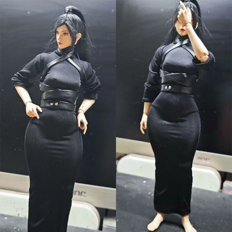 Auf Lager Maßstab weibliche Mode enge lang ärmel ige Kleid Cross Neck holder Gürtel Design passen 12 Zoll Action figur Modell Spielzeug