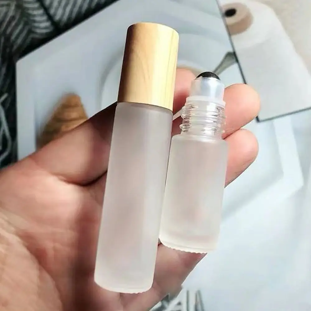 5/10 ml Lege Fles Matglas Roll op Stalen Bal Essentiële Olie Flesjes Houtnerf Cover Roller Ball massager Parfum Olie Crème