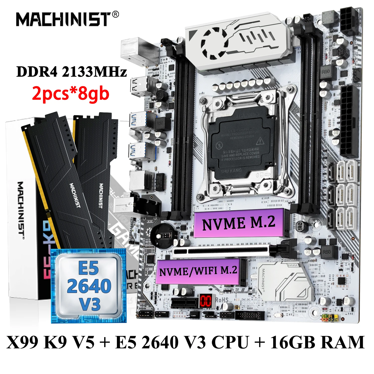 

machist K9 X99 kit motherboard LGA 2011-3 Xeon CPU E5 2640 V3 with DDR4 2*8GB RAM memory Combo NVME M.2 SSD quad channel