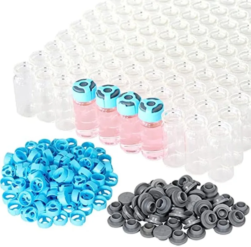 100pcs-10ml Clear Glass Vials-2-1/2 Dram Clear Glass Headspace Vials withSelf-Locking Caps and Rubber Stoppers,20mm Flat Bottom