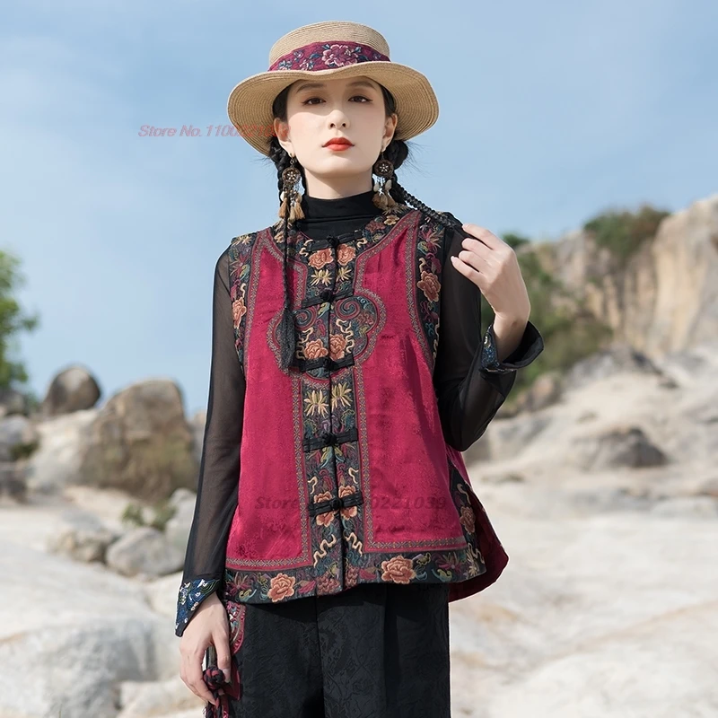 

2025 traditional chinese vintage vest national flower embroidery sleeveless jacket oriental retro hanfu tops o-neck folk vest