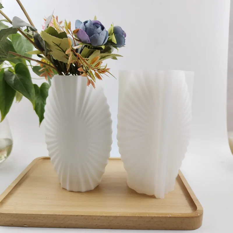 Large Geometric fan-shaped vase epoxy resin silicone mold shell shape vase cement concrete Leaf vase gypsum silicone mold