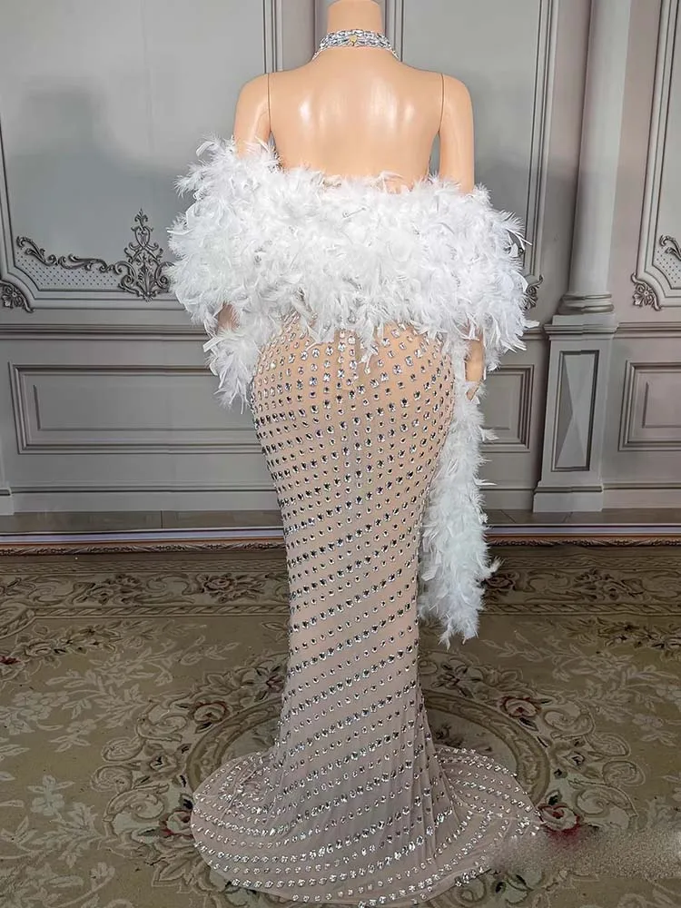 High Quality Rhinestone Sexy Neck Hanging Elastic Dress+Feather Shawl 2025 New Fashionable Custom Women'S Clothing