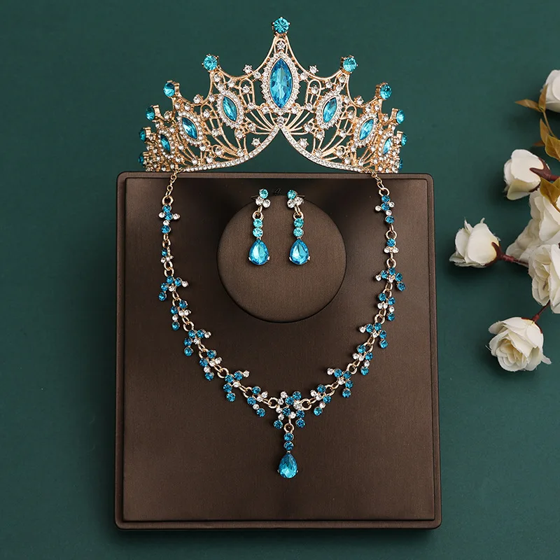 DIEZI Elegant Pink Crystal Tiara Crown For Women Wedding Girls Party Crown Necklace Earrings Jewelry Sets Hair Dress Accessories