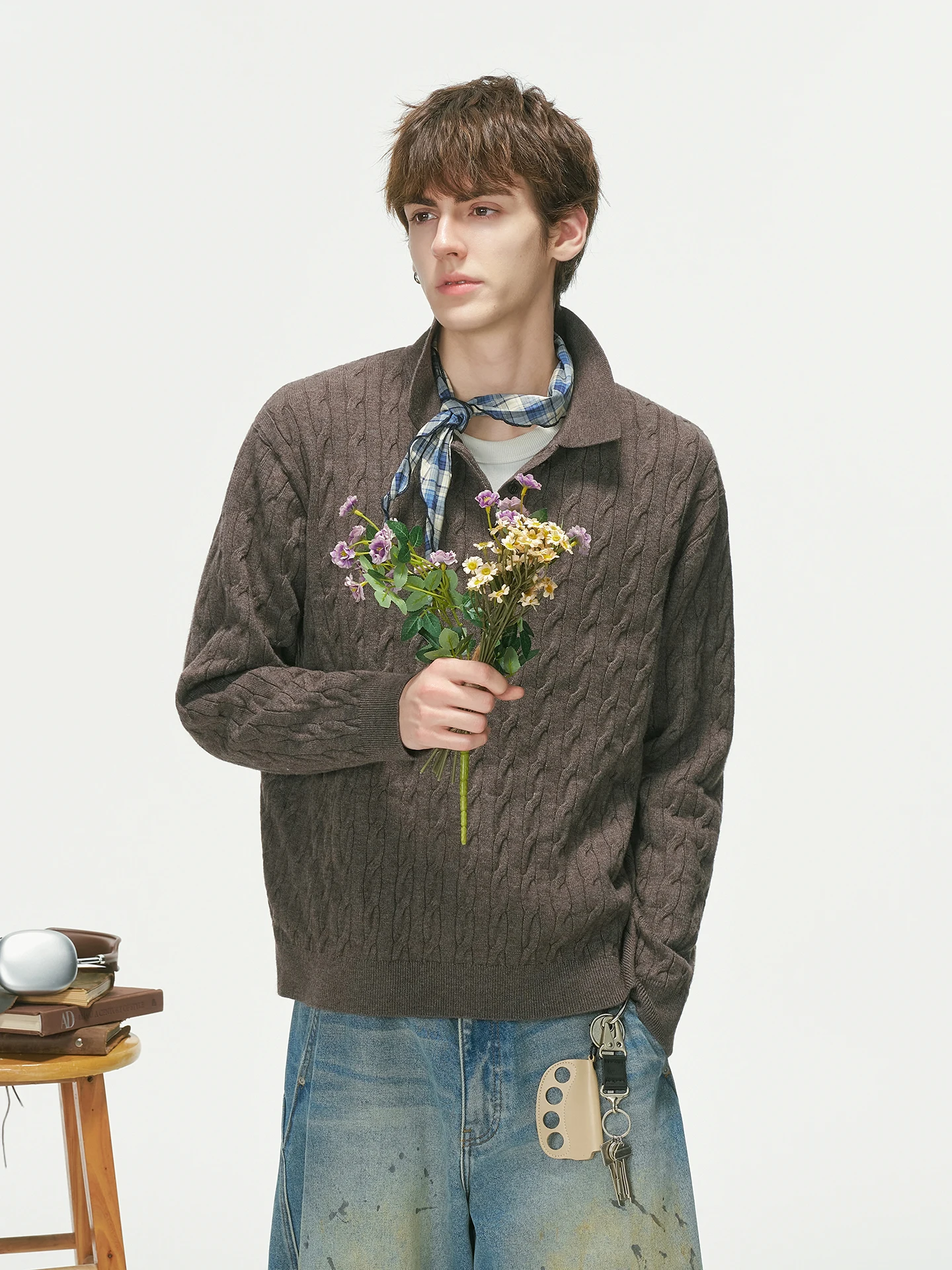 Dream Made High Intelligence  Neck Knitwear Men's Style Autumn Old Money Pattern Long Sleeve Loose Fit  Color Sweater