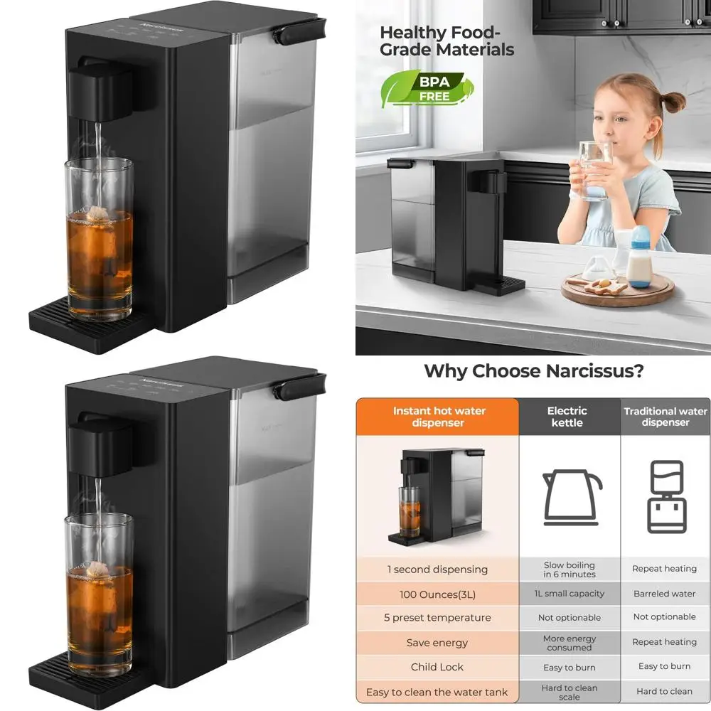 

Countertop Instant Hot Water Dispenser with Adjustable Temperatures and Volumes, 100-Ounce Removable Tank, BPA-Free