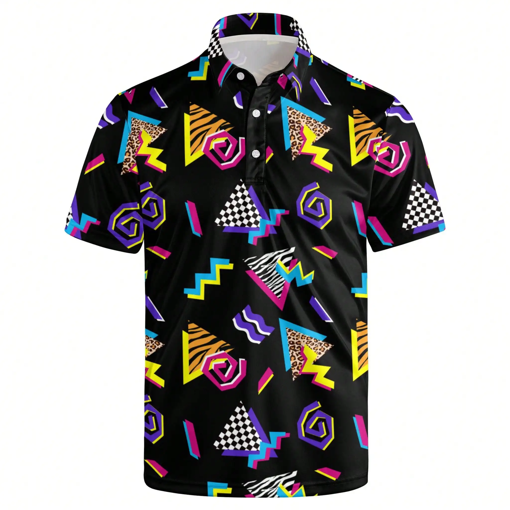 

Мужская рубашка-поло с коротким рукавом и геометрическим принтом в стиле ретро 80-х, из дышащей функциональной ткани