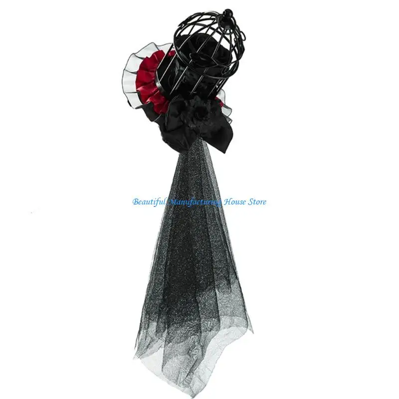 E56A Ornate Gothic Wedding Fascinator With Bat Wing Devil Eye Roses And Adjustable Hair Clips Design