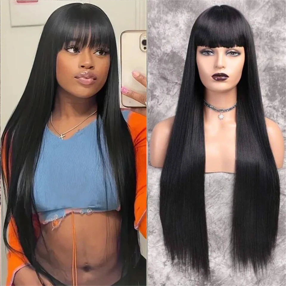 100% Human Hair Wigs With Bangs Natural Looking 200% Density 34 Inch Ready To Wear Black Straight Long Hair Wigs For Black Women