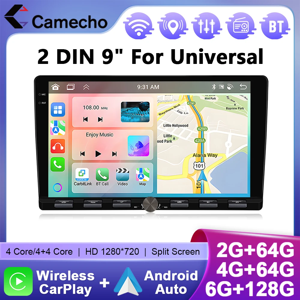 Camecho 6 + 128G 2 Din Autoradio 9 ''IPS Touch Screen Lettore multimediale universale Carplay Android Auto WIFI Navigazione GPS DSP RDS