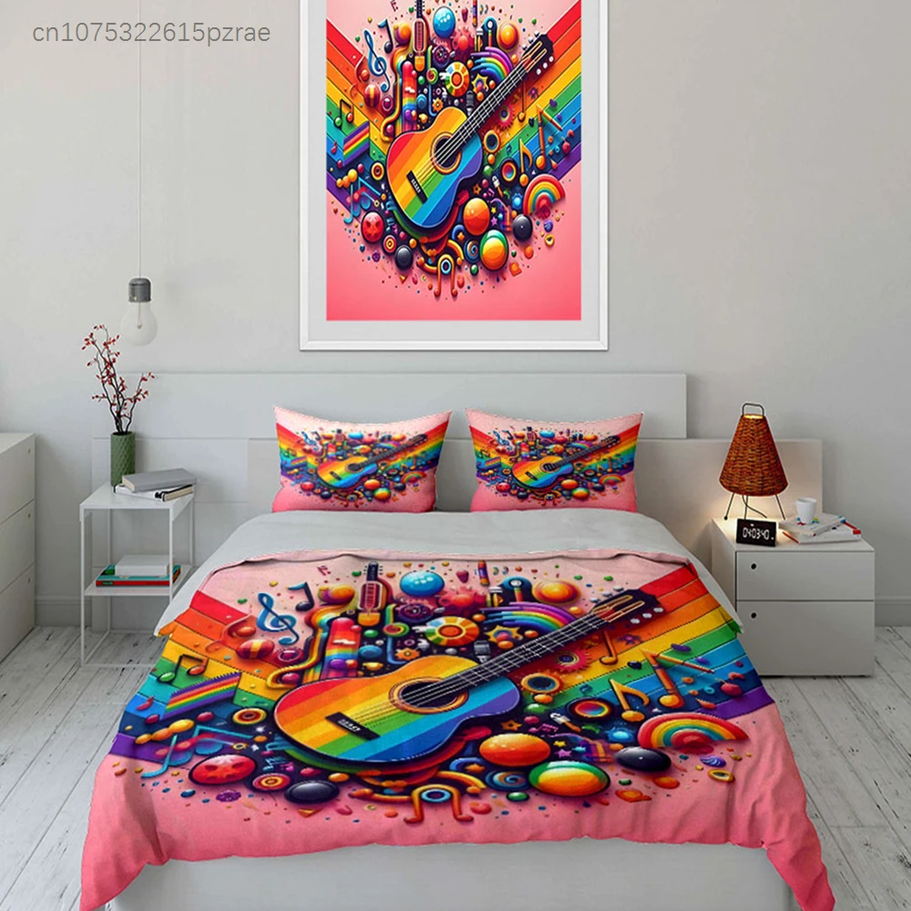 Colorful Music Guitar Set Decor Multiple Sizes kid's And adults' Bedroom Exquisite 3PC Bedding set, Gift 4