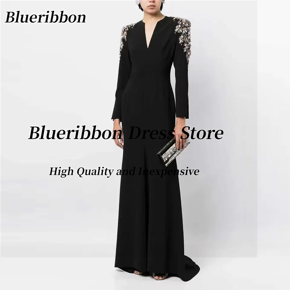 Blueribbon-Vestidos negros de alta costura para fiesta de noche, vestido de graduación con cuello en V redondo, mangas largas con cuentas, cremallera en la espalda