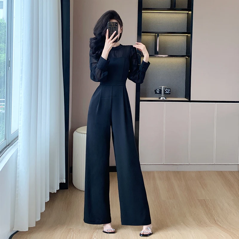 Chic Korean Black Patchwork Jumpsuit Women Spring Summer High Waist Office Lady Jumpsuits Combinaison Femme Elegant Overalls