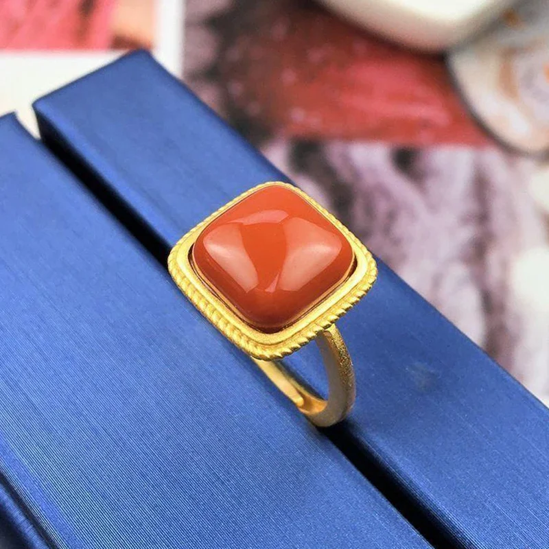 Classic South Red Tourmaline Square Opening Adjustable Ring Chinese Classical Unique Ancient Gold Craft Women's Jewelry image 4