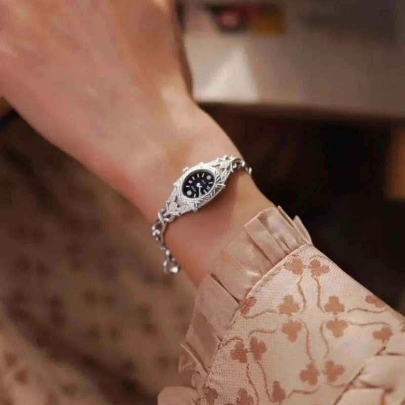 Medieval Vintage Women Watch Japanese Quartz Oval Carving Bracelet 18K Brass Fine Watch for Women