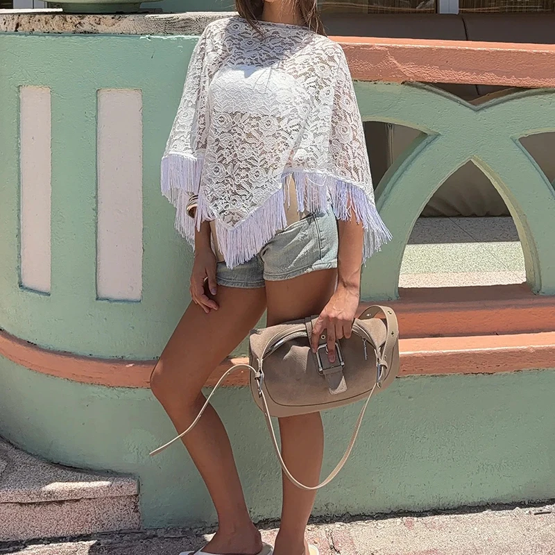 Women Elegant Lace Sheer Hollow Cover Up Blouse Casual O-neck Shawl Floral Pattern Shirt Fashion Fringed Splicing Solid Cape Top