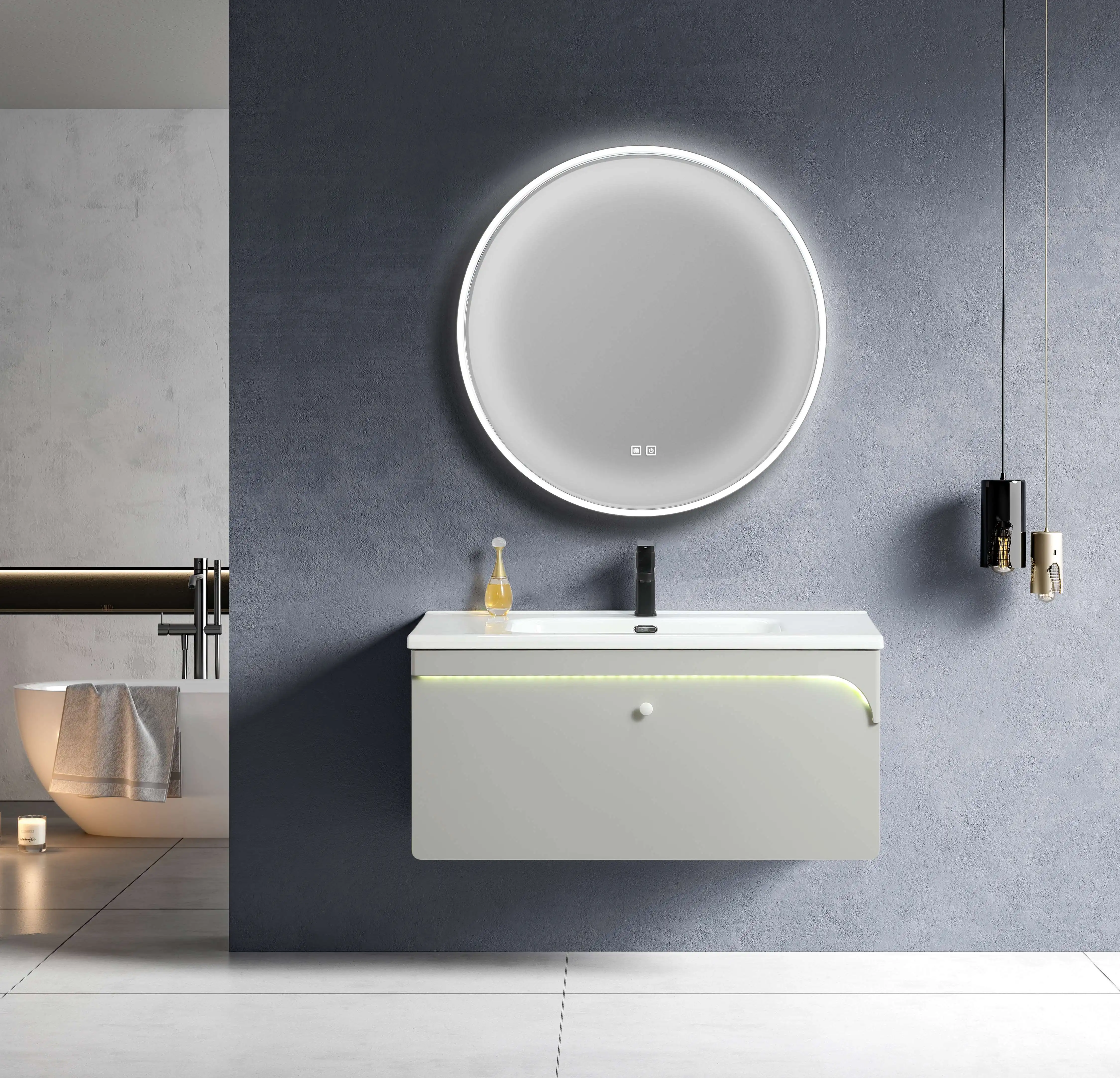 Modern LED Bathroom Mirror Waterproof Floating Vanity Cabinet Ceramic Basin Solid Wood Furniture For Home Hotel Bathroom