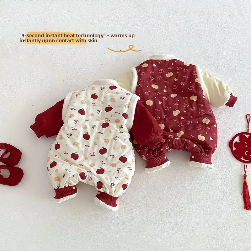 ملابس أطفال احتفالية للعام الجديد 2025 ملابس شتوية جديدة للأطفال على الطراز الصيني ملابس مخملية محظورة ملونة لحديثي الولادة