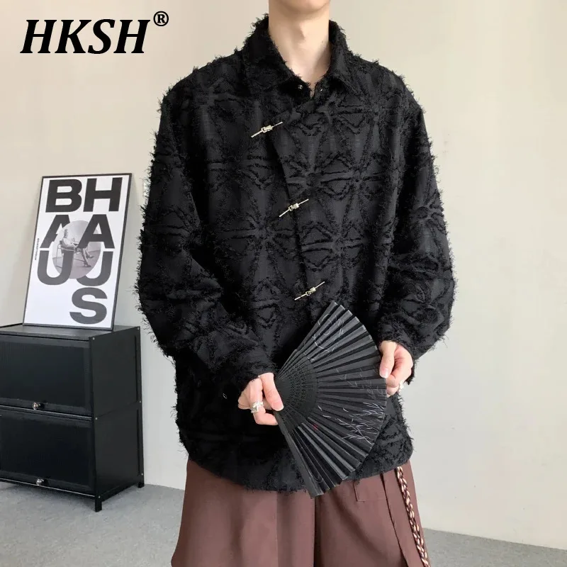 

HKSH Men's Tide 2024 Spring New Chinese Chic Vintage Style Shirt Niche Tassels Edge Design Loose Draped Fashion Chic Tops HK0060