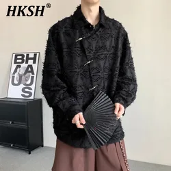 HKSH Men's Tide 2024 Spring New Chinese Chic Vintage Style Shirt Niche Tassels Edge Design Loose Draped Fashion Chic Tops HK0060