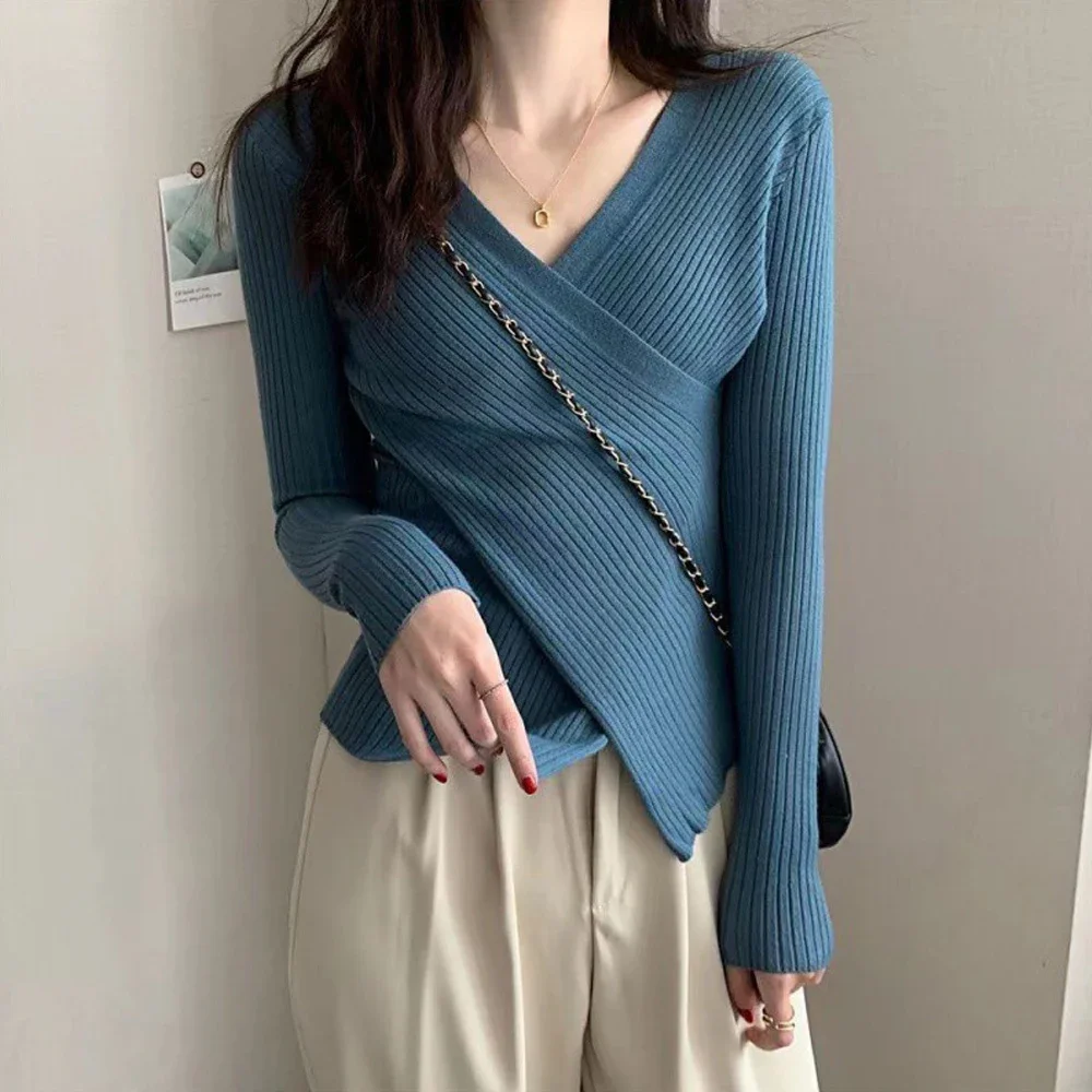 Pullovers Women Criss-cross V-neck Skinny Autumn Winter All-match Stretchy Mujer Knitting Tender Cozy Sweater T Shirt Tops S-2XL