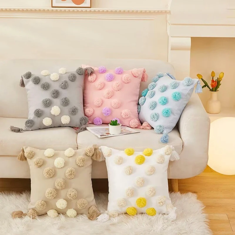 Plush Ball Pillow Covers Tassels Contrast Color Single-Sided Pattern Cushion Cases for Home Decor Sofa