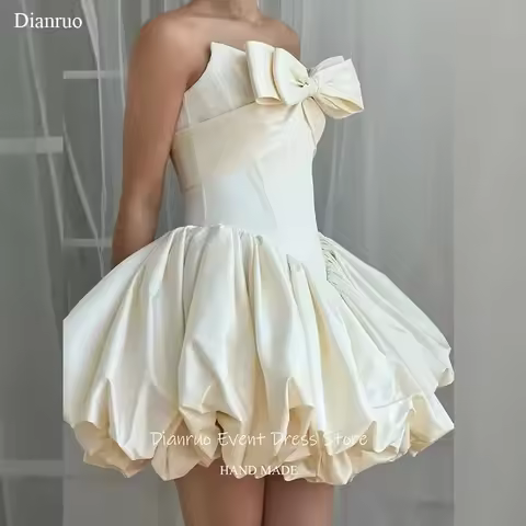 Dianruo Bow Adorned Playful Wedding Dress Satin Mini Length Bridal Evening Dress A Line Pleated Homecoming Dresses Customized