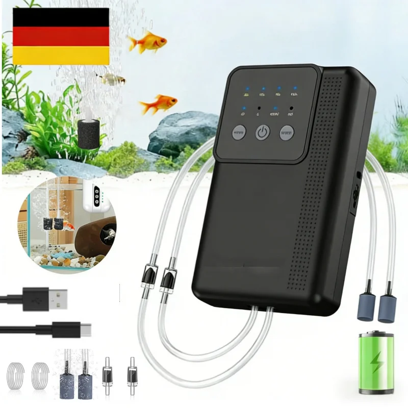 Luftpumpe USB Aquarium Luftpumpe Regelbar,2200/4400mAh Batterie,Zwei Stromversorgungsmodi,2*2L/min