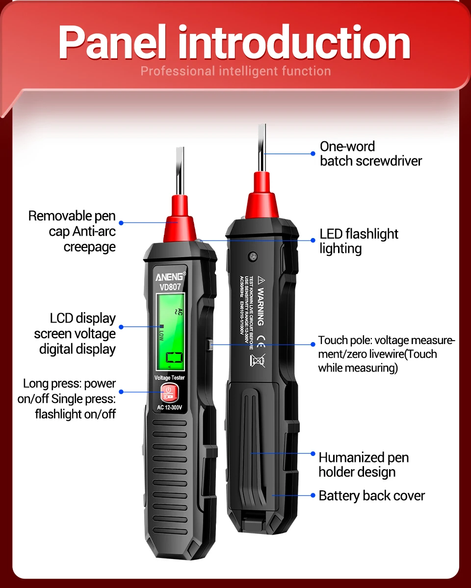 ANENG VD807 Ein-Wort-Induktionstester Tragbarer 50/60 Hz intelligenter elektrischer Stift NCV-Sensor AC 12-300 V berührungslose Drahtdetektor-Werkzeuge – Detail 7