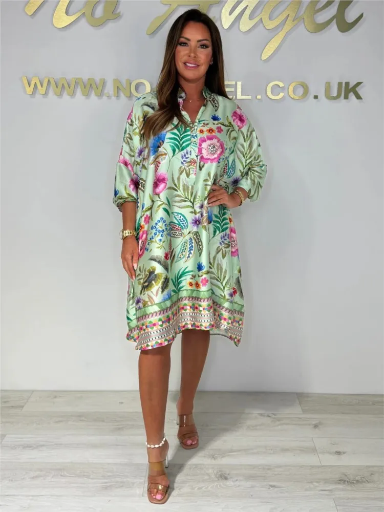 Abiti midi con stampa floreale di nuova moda estiva Abiti casual da donna a maniche lunghe con scollo a V e bottoni Abiti larghi per le donne Abito Boho da vacanza