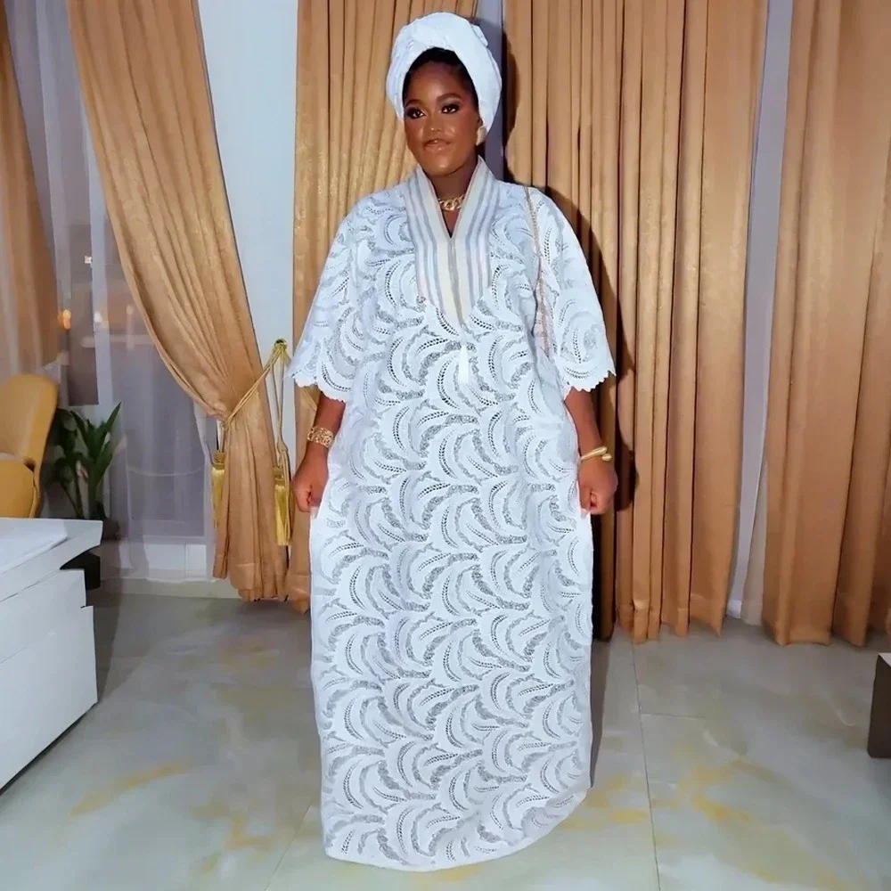 

2025 New African Dress Plus Size For Women Elegant Dubai Turkey Africa Clothing Wedding Party Gown Church White Lace Clothes