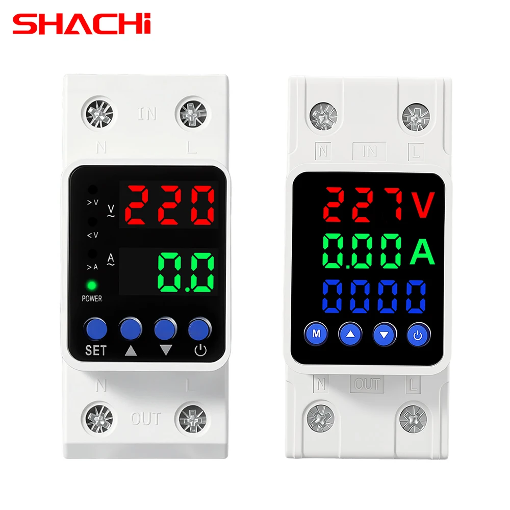 DIN Rail Dual Display Adjustable Over Voltage Current And Under Voltage Protective Device Protector Relay 40A 63A 220V 230V