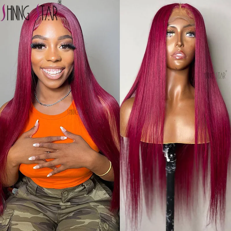 

Red Cherry Straight 13X4 Lace Frontal Wigs Human Hair Colored Burgundy 99J 180% Density Lace Front Wigs Pre Plucked Hairline