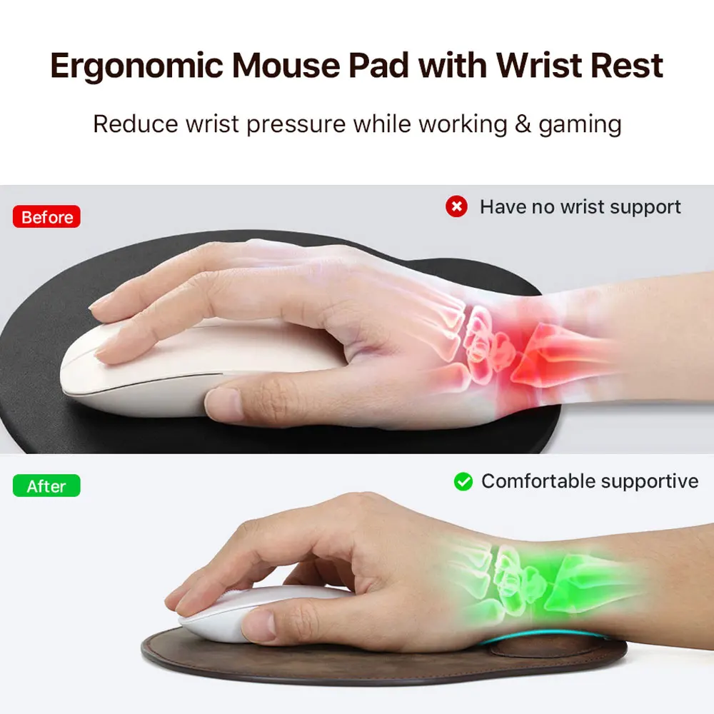 Top Full Grain Leather Mouse Pad Ergonomic Gel Wrist Rest Non‑Slip Mouse Mat For Office Laptop PC Gaming Desktop Gift Mousepad