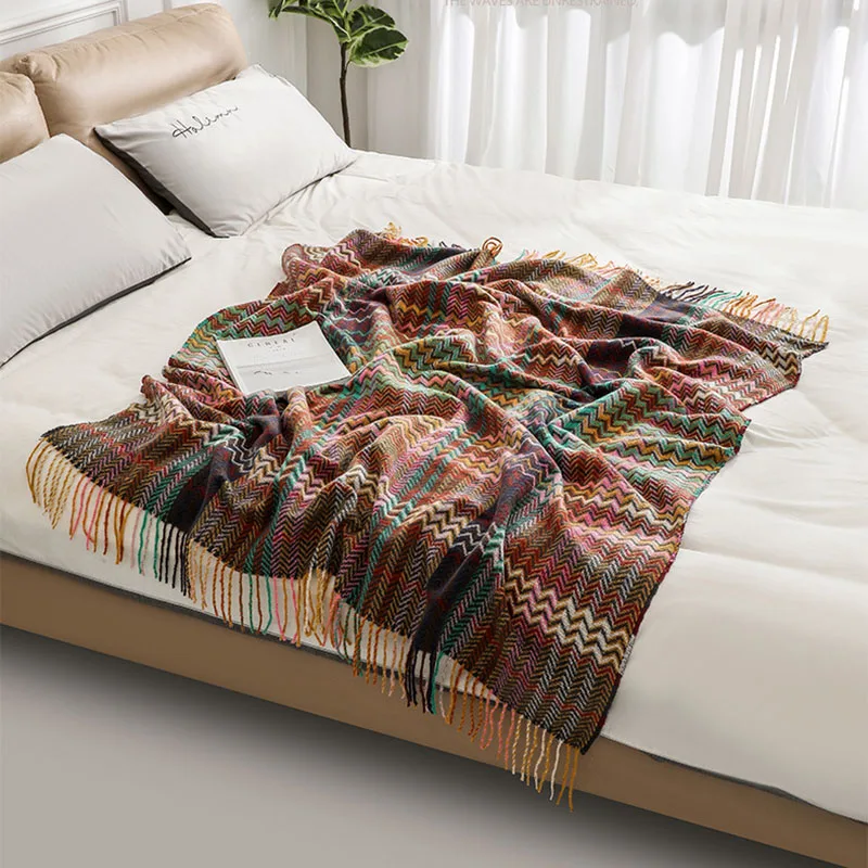 Ethnic Style Wave Woven Tassel Blanket Multi Functional Bed Sheets, Sofa Towels, Tablecloths Versatile Shawl for Office Nap