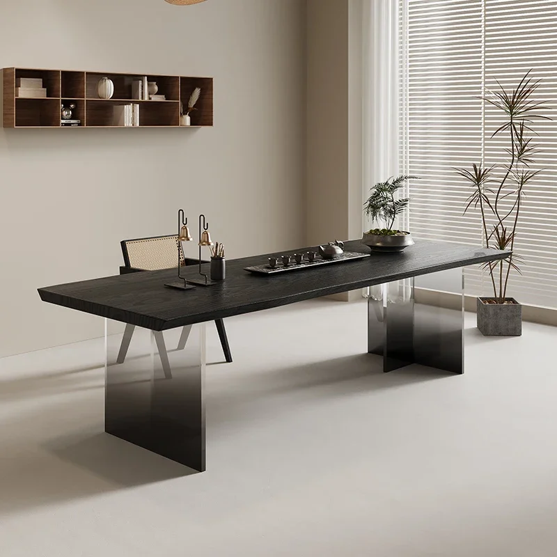 Solid wood tea table black carbonized large board dining table acrylic gradual change desk old writing desk