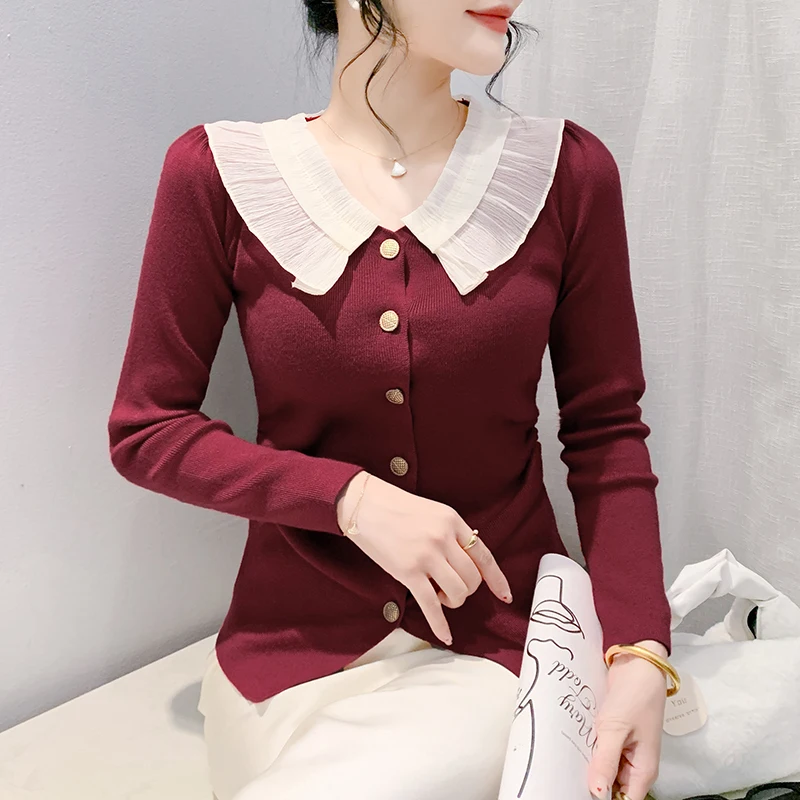 New 2024 Autumn Winter Long Sleeved Peter Pan Collar Knitted Pullover Elegant Slim Vintage Women Sweater Clothes