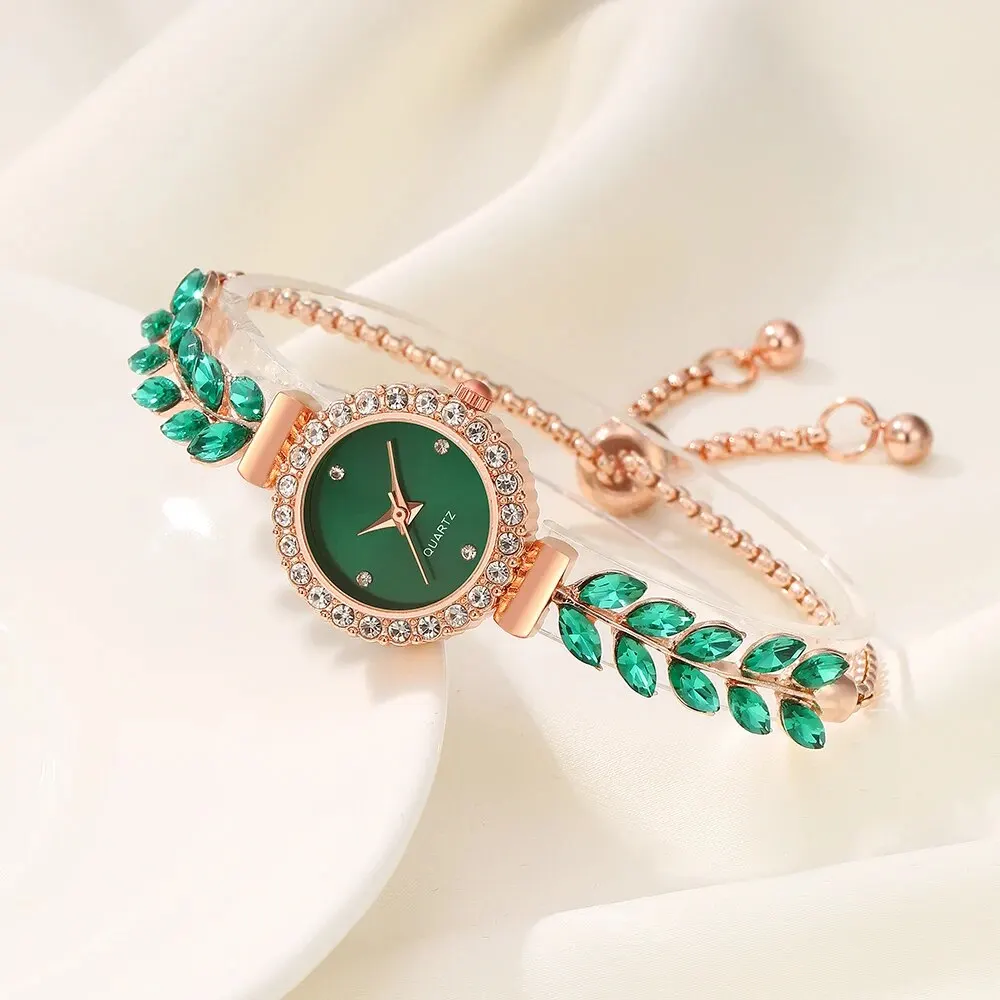 5PCS Set Luxury Leaf Watch Women Ring Necklace Earring Rhinestone Fashion Watch Casual Ladies Bracelet Watches Montre Femme