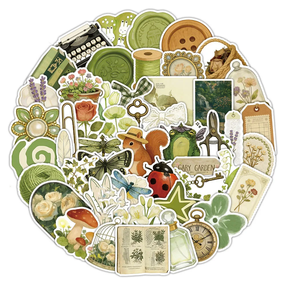 

52PCS Cartoon Retro Green INS Style Sticker Graffiti Decoration Mobile Phone Case Notebook Skateboard Water Cup Toy Gift Sticker