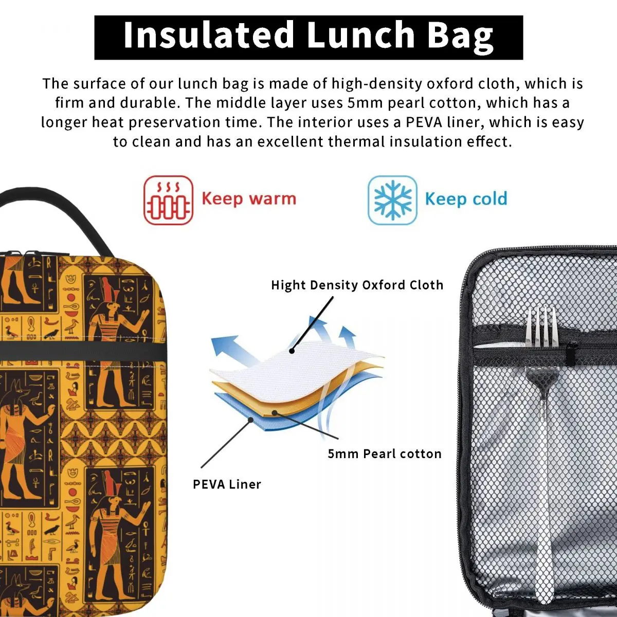 Ägyptische Götter Pharaonen Wandbild isoliert Lunch Bag alten Ägypten Hieroglyphen Lagerung Lebensmittel box tragbare Kühler thermische Lunchbox