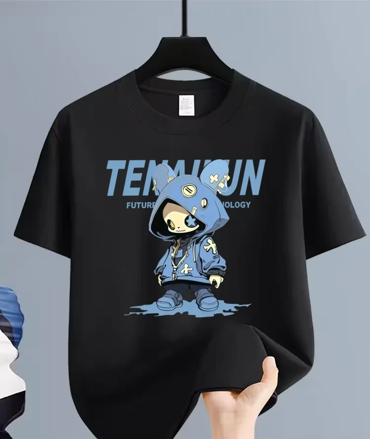 

Модная стильная черная футболка с короткими рукавами и свободным повседневным топом с персонализированным мультяшным узором