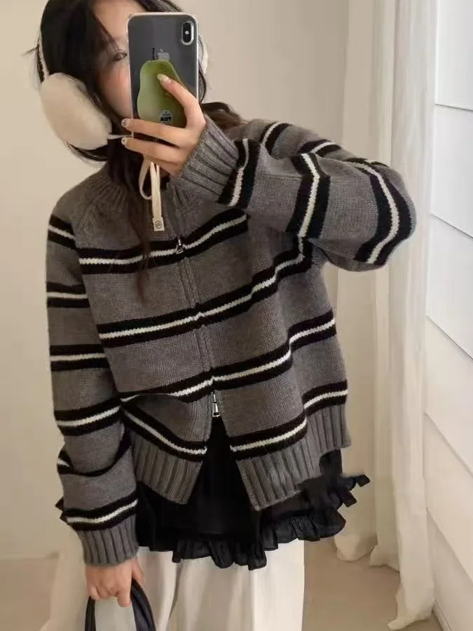 

Korean Sle Loose Fit Women's Knitted Sweater Coat with Double Zipper round Ne Striped Open Cardigan for Autumn Winter