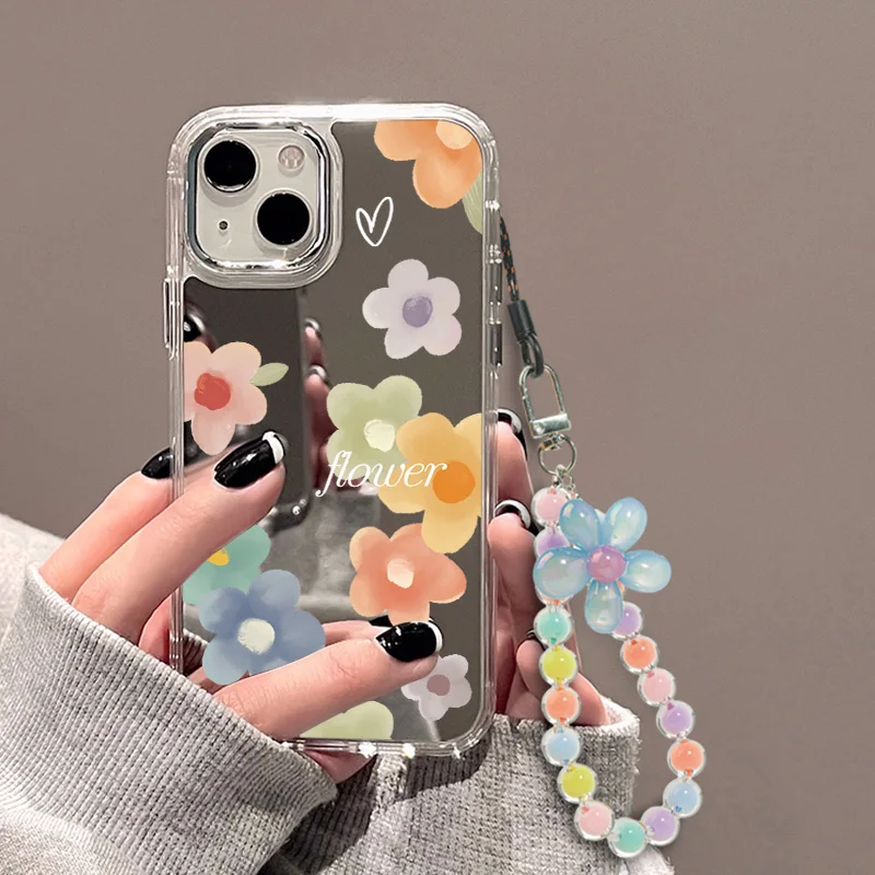해바라기 구슬 팔찌 휴대폰 랜야드 메이크업 미러 케이스, 아이폰 15 프로 맥스 케이스, 아이폰 11 13 12 14 프로 X XS 맥스 XR 커버